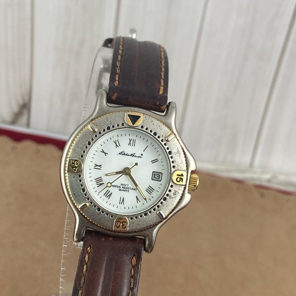 Vintage 2 Tone Eddie Bauer Sport Watch Rotating Coin Bezel, Date, 8" Brown Strap